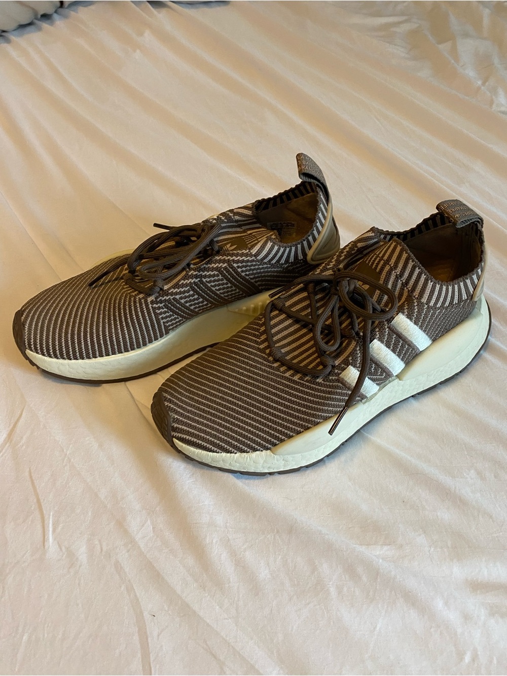 adidas Brown Knit NMD Athletic Sneakers with Cream Stripes